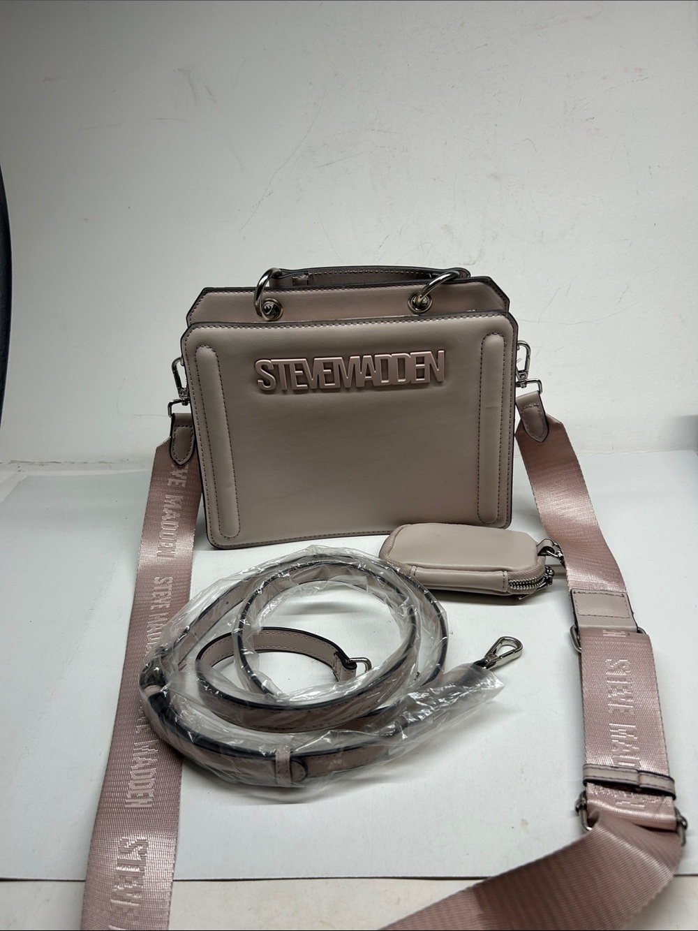 Steve Madden Taupe Pink Boxy Crossbody Bag with Logo
